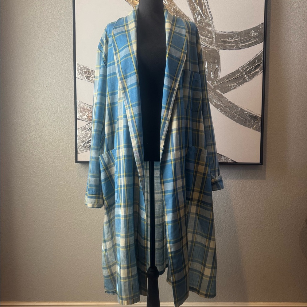 Vintage Blue and Yellow Plaid Open-Front Women's Cardigan - Picture 2 of 2